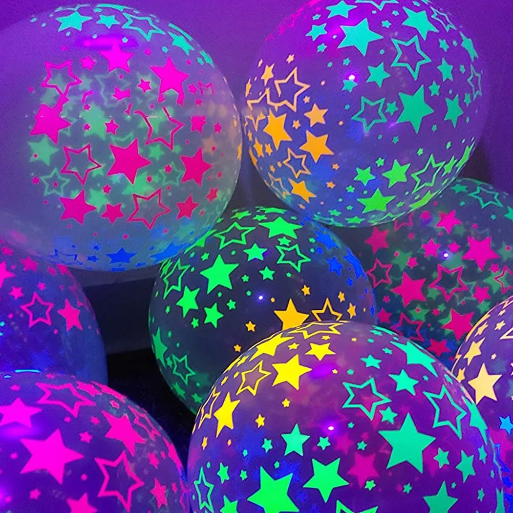 Clear Latex Balloons with UV Blacklight Reactive Stars, 12 inch, Non Toxic Material, Creates Warm Atmosphere, 10 Pack