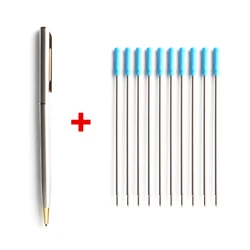 1 + 10 pz/set penna a sfera in metallo con ricariche per ufficio scolastico materiale in acciaio inossidabile forniture di cancelleria rotanti penne