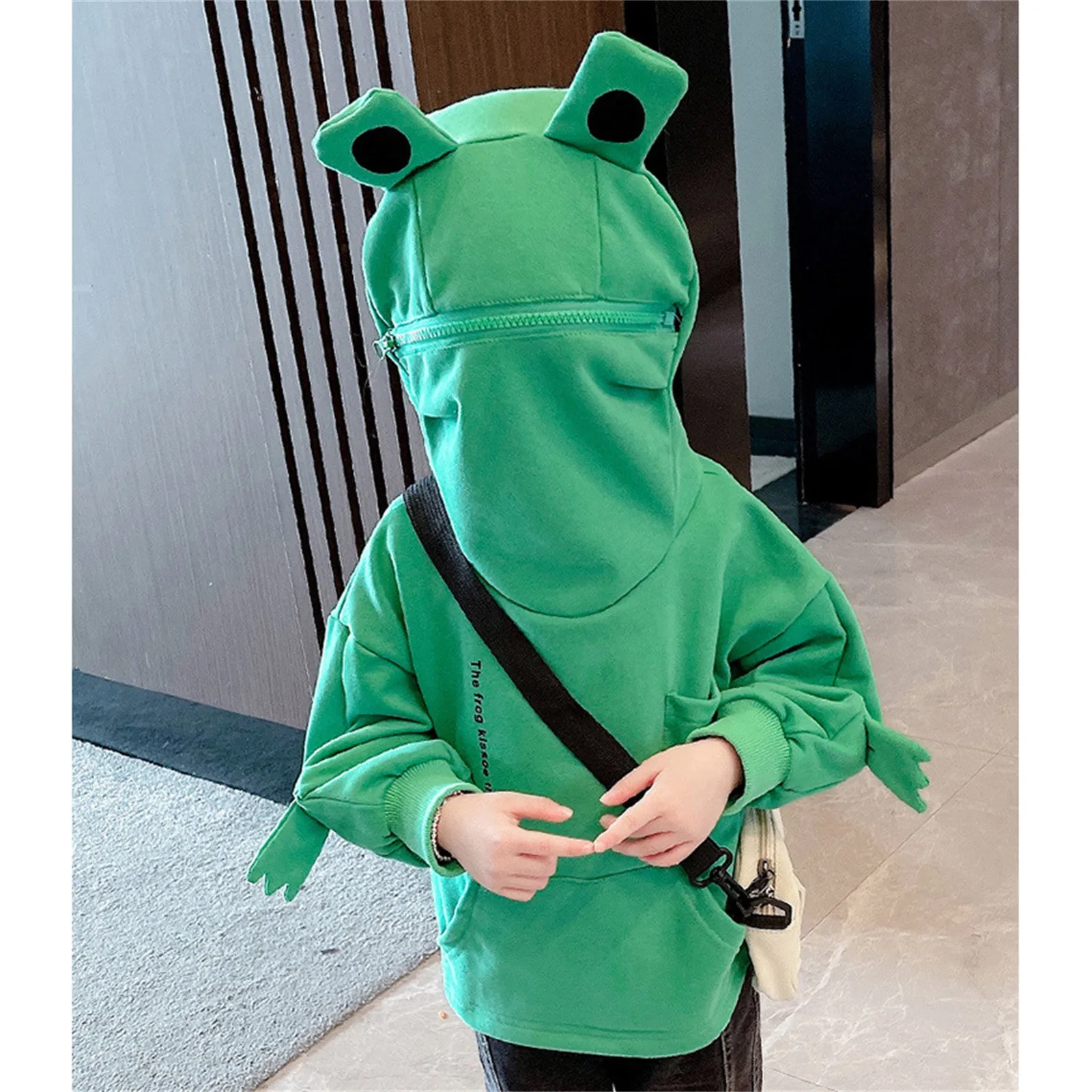 Kids Baby Girls Boys Cotton Sweatshirt 3D Cartoon Frogs Hoodies Zipper Mouth Hooded Pullover With Large Pocket Sweatshirts