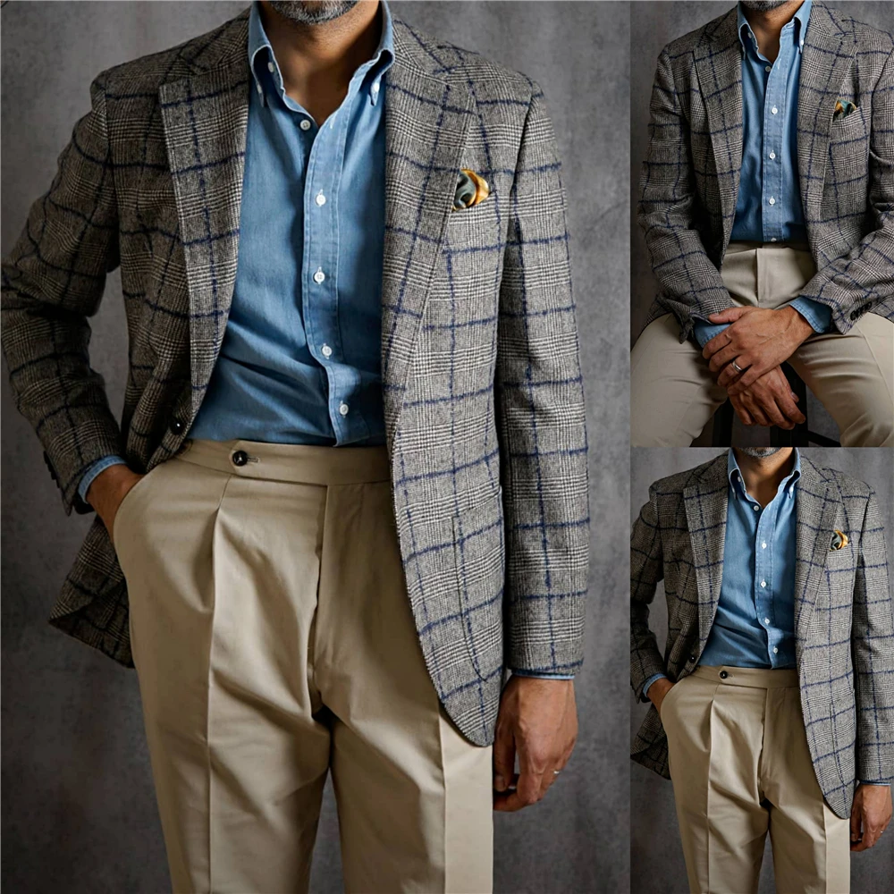 

Smart Casual Winter Plaid Blue Singal Breasted England Style Wram Top Thick Woolen Man Suit Jacket