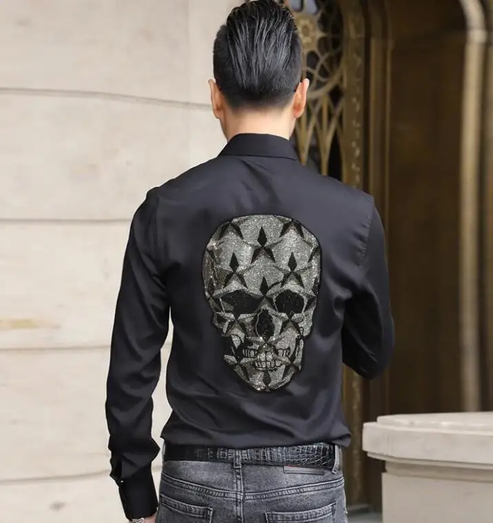 Fashion Men   Diamond stone Skulls  shirts long  Sleeve  Rhinestones  summer Male  Clothing Mens Casual