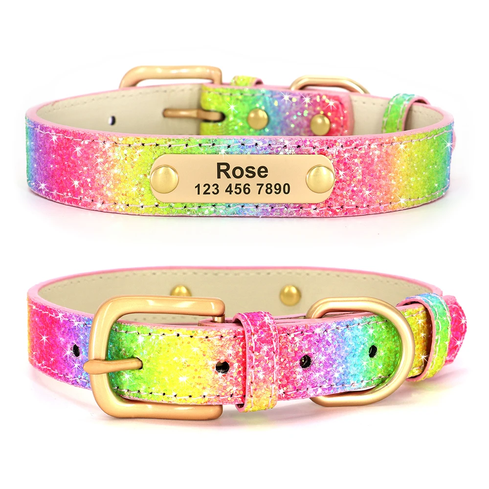 Anti-lost Dog ID Collar Personalized Dogs Cat Name Collars Bling Sequins Necklace With Engraved Tag For Small Medium Dogs Cats