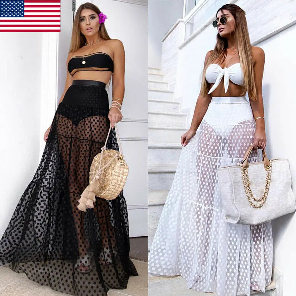 Women Mesh Sheer Maxi Skirt Wrap Skirt Beach Tulle See Through Dress Beachwear Swimwear Bikini Wear Cover Up Lace Crochet Dress