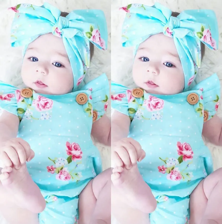 Newborn Baby Girls Floral One-pieces Romper Sunsuit Headband Clothes Set 0-24M