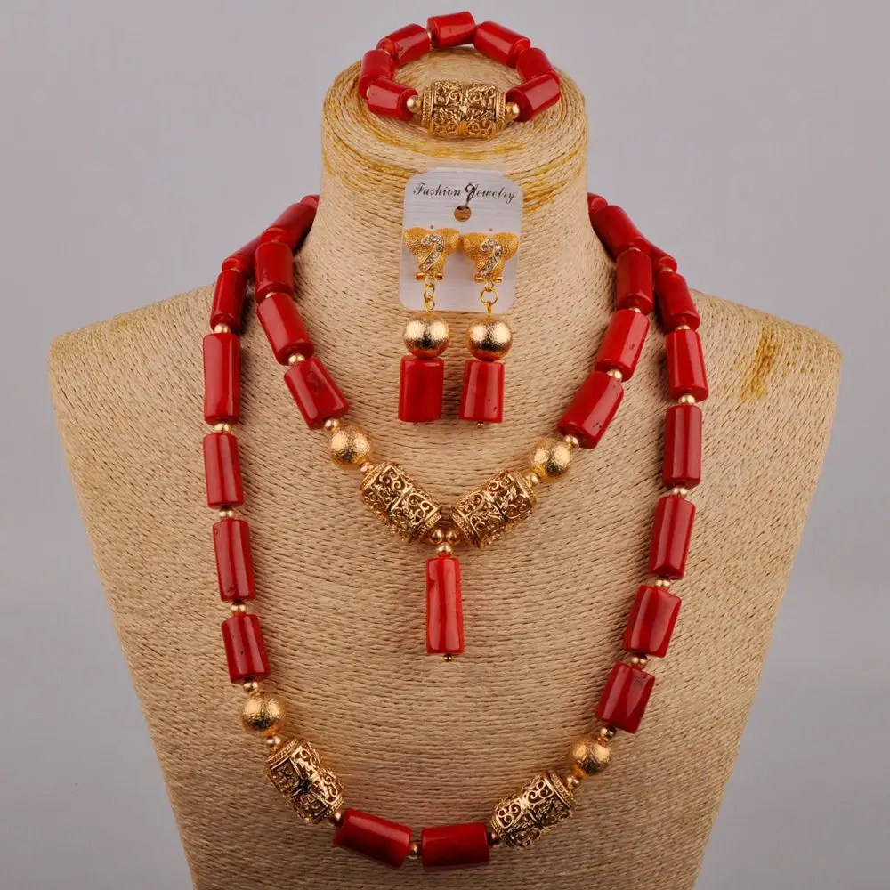 

Nigerian Women's Wedding Dress Accessories Red Natural Coral Bead Necklace African Bride Wedding Jewelry Set AU-494