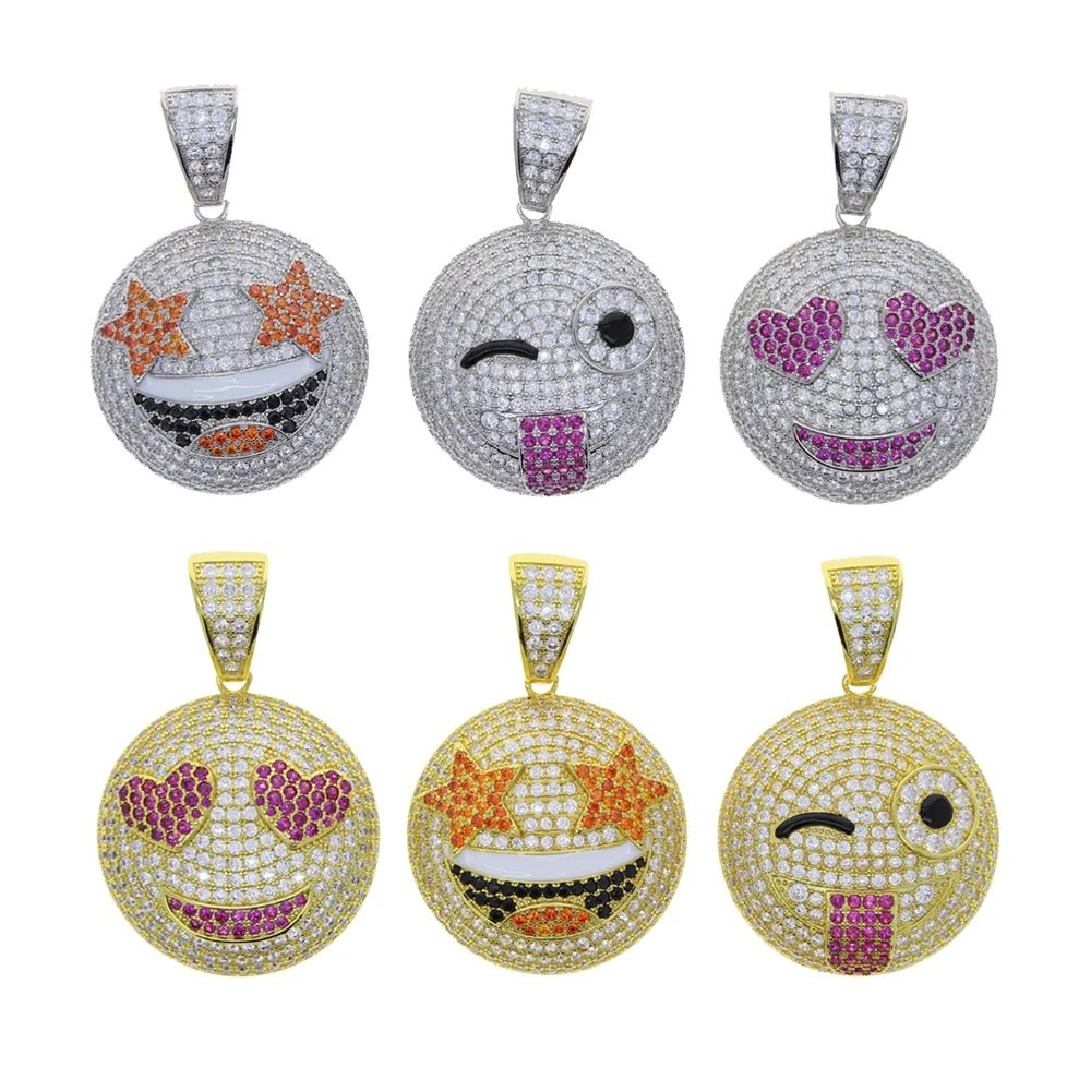Gold Silver Color CZ Funny Face Pendant Necklace Iced Out Cubic Zirco Star Heart Smile Charm Necklaces Men Women Hip Hop Jewelry view 2
