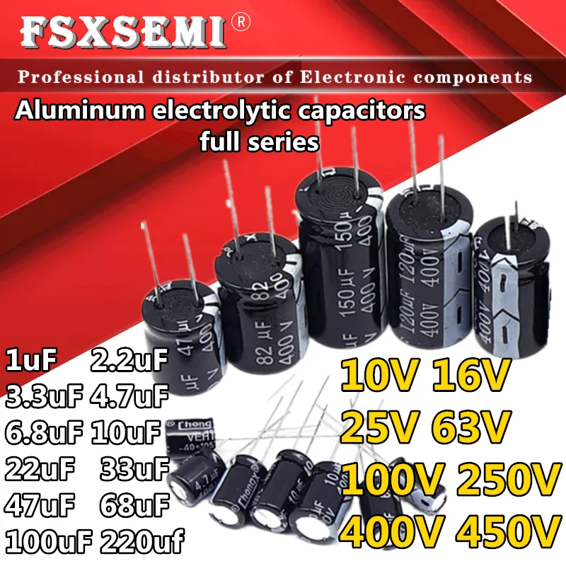 20pcs 10V 16V 25V 63V 100V 250V 400V 450V Aluminum capacitor 1uF 2.2uF 3.3uF 4.7uF 6.8uF 10uF 22uF 33uF 47uF 68uF 100uF 220