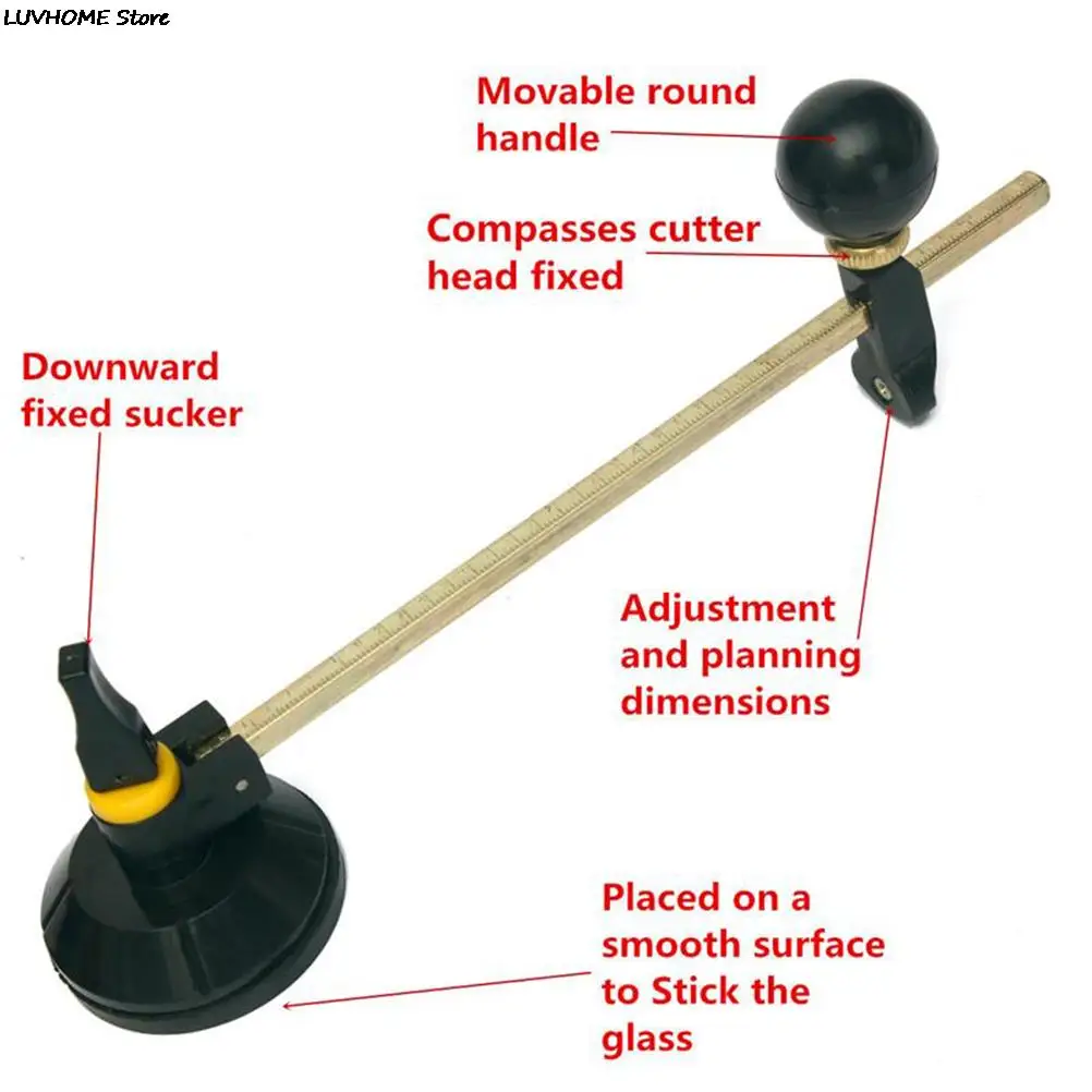 40cm 유리 커터 6 휠 나침반 원형 절단 흡입 컵 원형, 전문 절단 도구 유리 병 커터
