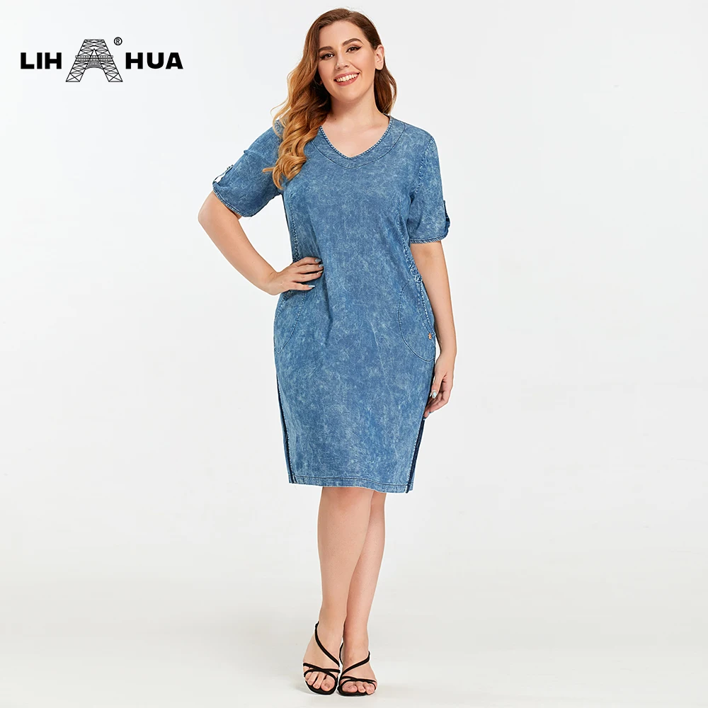 LIH HUA Vestido de mezclilla de talla grande para mujer, vestido delgado de verano, vestido informal de algodón tejido de mezclilla de manga corta