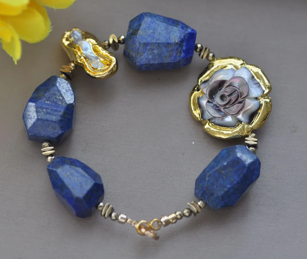 

Z11023 8" 26mm Blue lapis lazuli biwa Pearl Shell Flower Gold-plating Bracelet