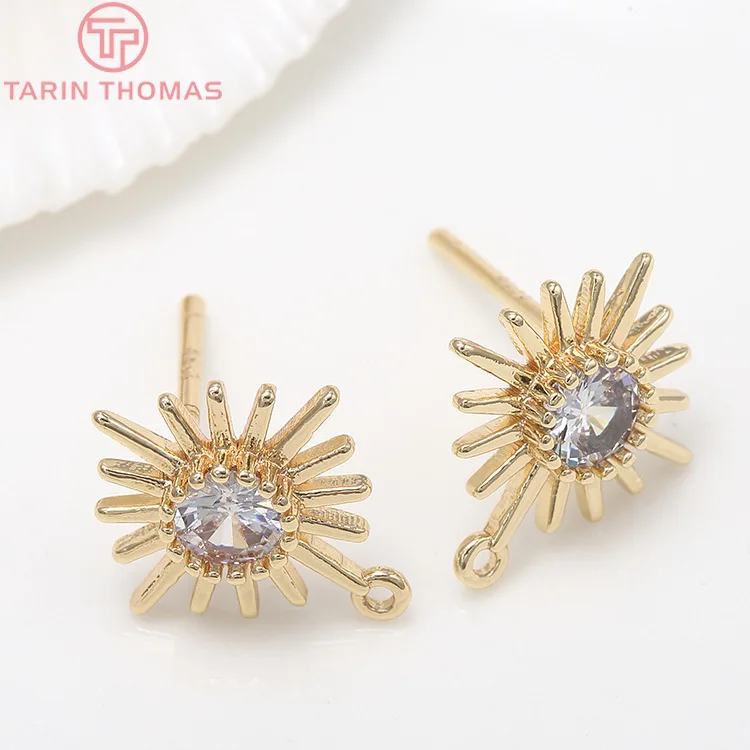 

(2035)4PCS 12x12MM Hole 1MM 24K Gold Color Brass with Zircon Flower Stud Earrings High Quality Diy Jewelry Findings Accessories