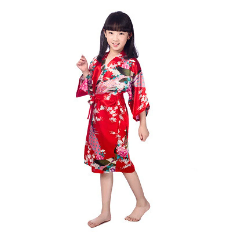 Wholesale Girls Satin Silk Robes for Spa Party Birthday Wedding Bath Robes Toddler Peacock Printed Flower Kids Kimono Robes D10