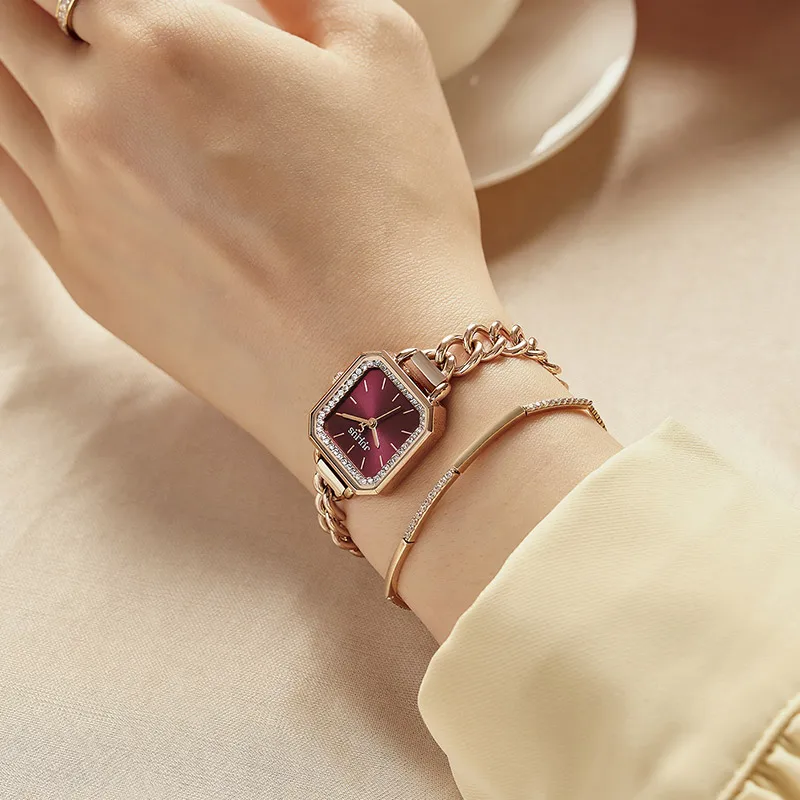 Julius Watch JA-1292 Women Stainless Steel Bracelet Band Square Face With A Circle Of Crystal Top Brand Luxury Watch
