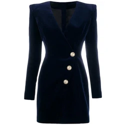 High Quality New Fashion Solid Color Velvet V-Neck Long Sleeve 3 Metal Buttons Back Zipper Slim Dress Dark Blue And Black