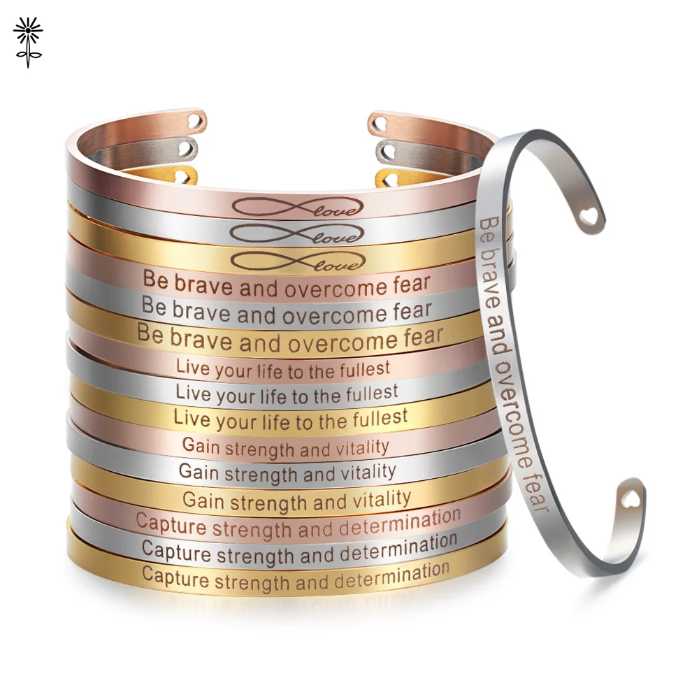 4mm Gold color Stainless Steel Bangles Positive Inspirational Bracelet Engraved Quotes Mantra Bracelet & Cuff Bangle for Women