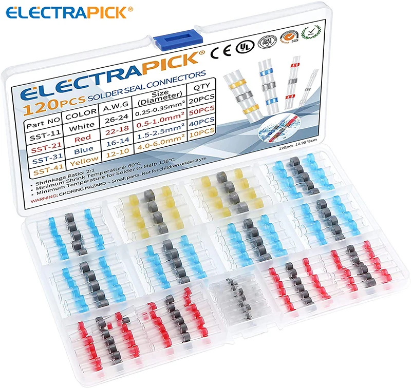 

ELECTRAPICK 120pcs Solder Seal Wire Connector Heat Shrink Sleeves Electrical Wire Crimp Terminals Connectors Butt Splices