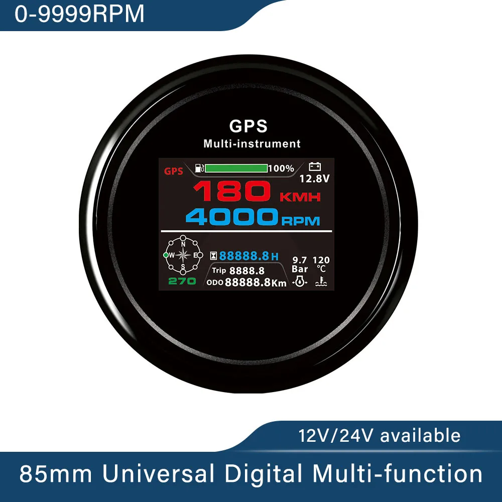 85mm Digital GPS Speedometer 0-999km/h MPH Knots Odometer Trip Tachometer with Fuel Voltmeter Water Temp Oil Pressure Compass