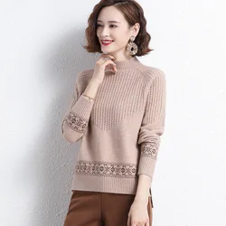 Fdfklak Autumn Winter New National Style Half High Neck Twist Sweater Women Loose Outer And Inner Wear Base Shirt Pull Femme