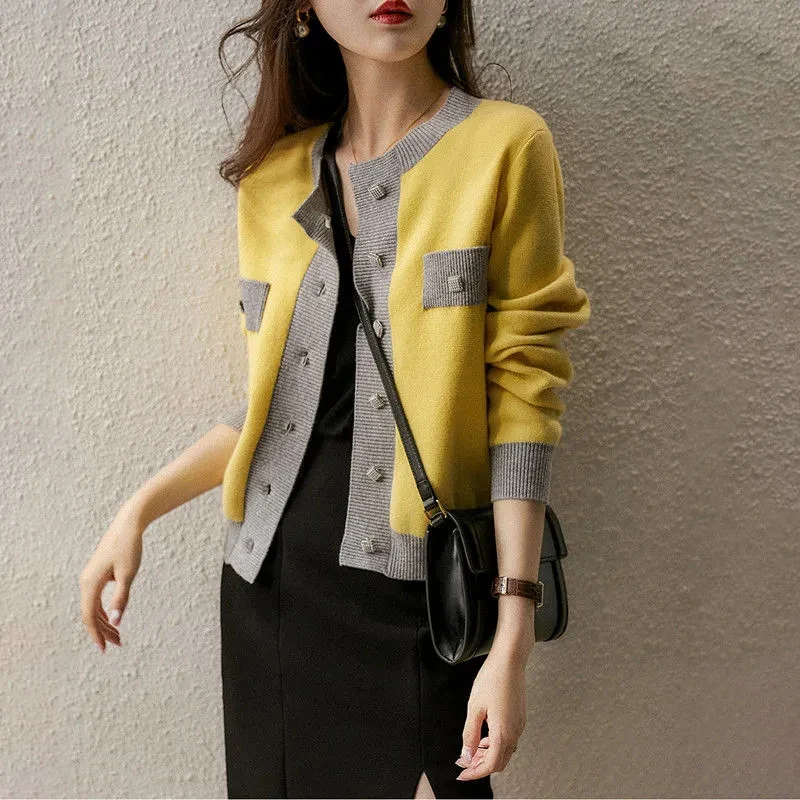 Early autumn top lazy wool and cashmere contrast knitted cardigan  V-Neck  Regular  COTTON  Button  Solid  vintage sweater