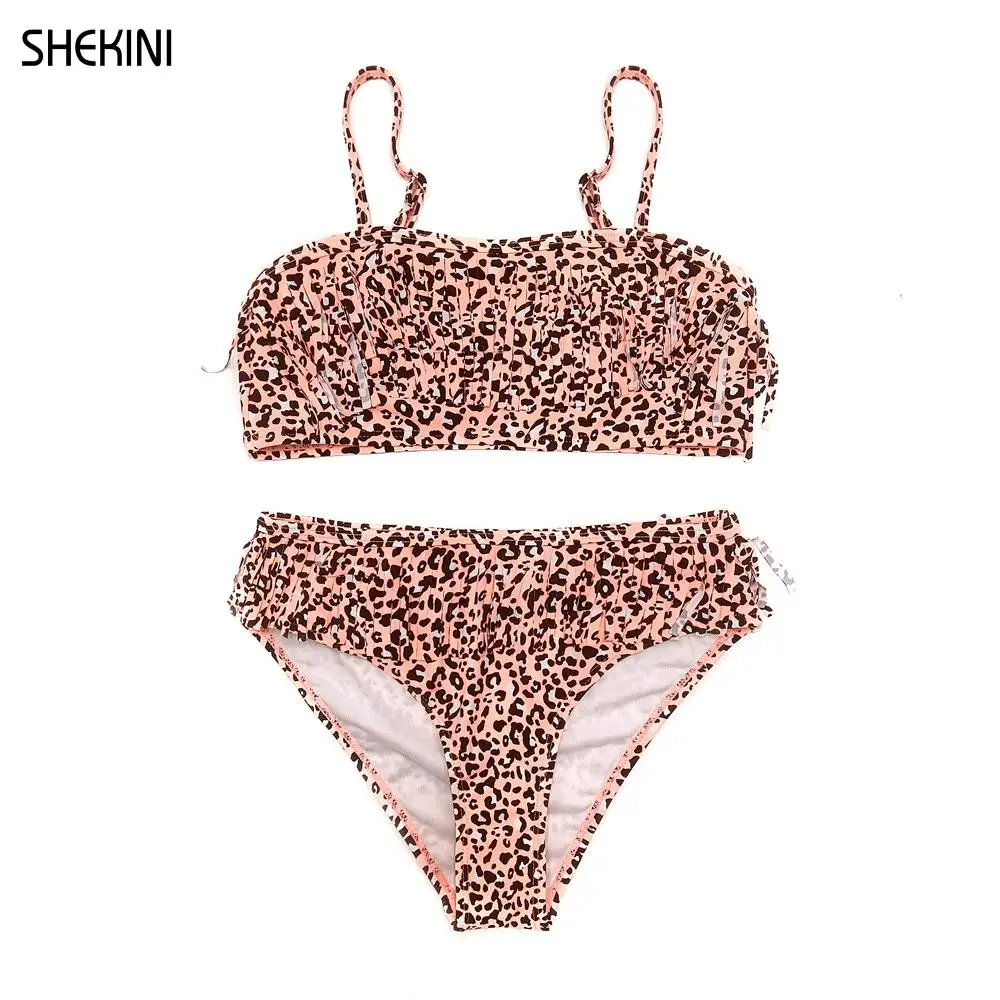 SHEKINI Mädchen Badeanzug der Leopard Drucken Bandeau Teenager Mädchen Bikini Set Vintage Fringe Zwei Stück Bademode Teen Strand Badeanzug