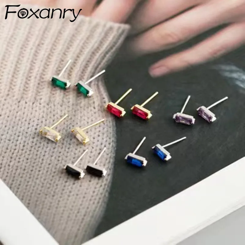 FOXANRY Prevent Allergy Silver Color Stud Earrings for Women Trendy Elegant Charm Sparkling Colorful Zircon Party Jewelry