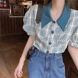 Shirts Women Puff Sleeve Plaid Vintage French Style Design Cropped Summer Holiday Casual Fashion Female High Quality Clothing