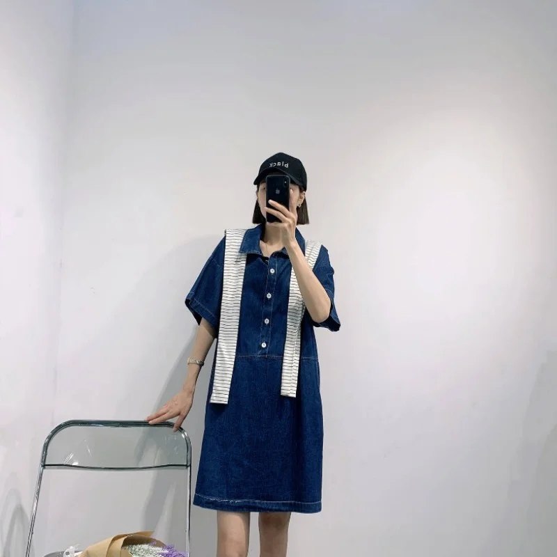 Women Fashion Denim Dress Summer Loose Short Sleeve A Line Casual Dress Harajuku Turn-Down Collar Single Breasted Shirt Dresses