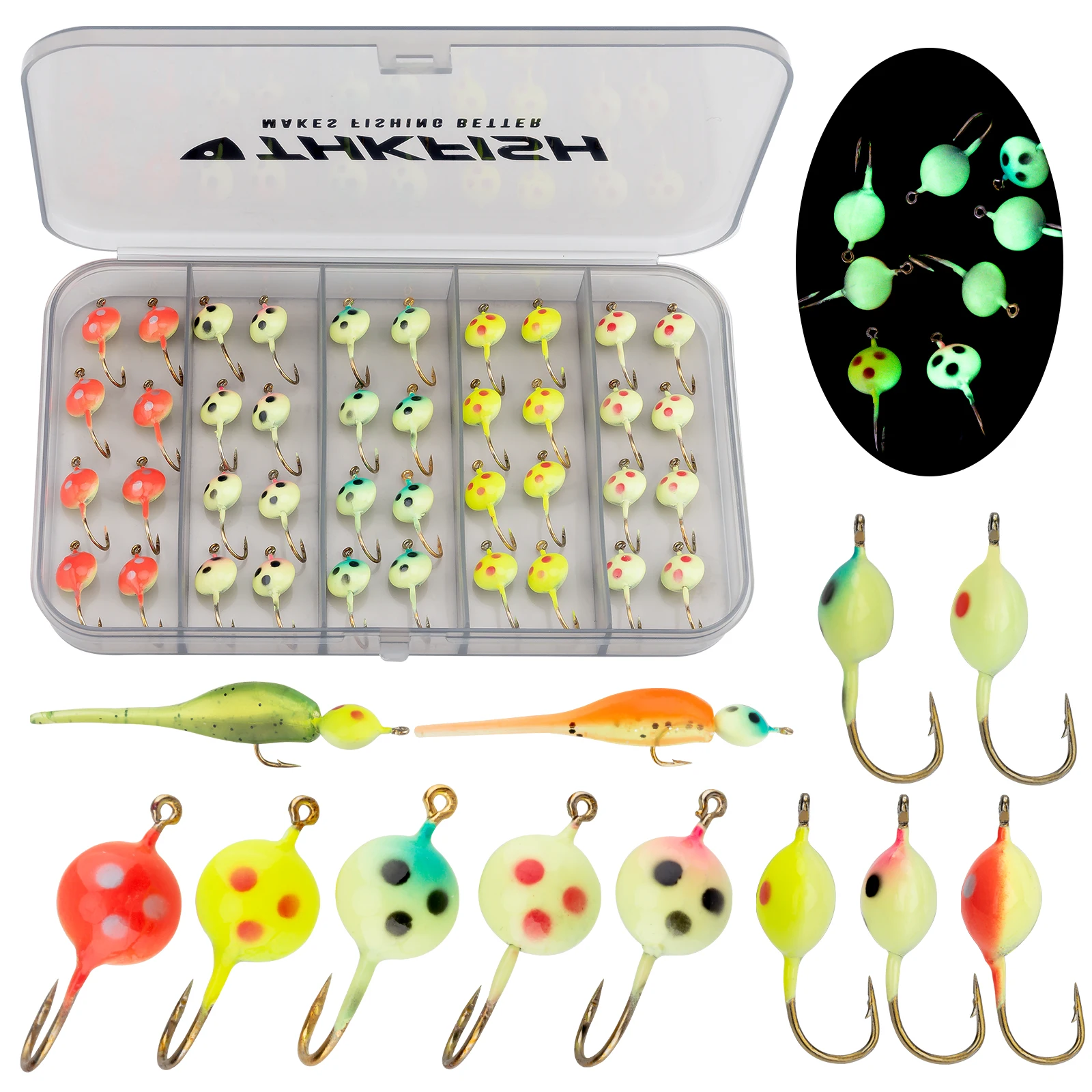 THKFISH 40pcs Ice Fishing Lure Kit Winter Ice Fishing Jig Head Stainless Steel Barbed Hook Glow Ice Fishing Artificial Baits