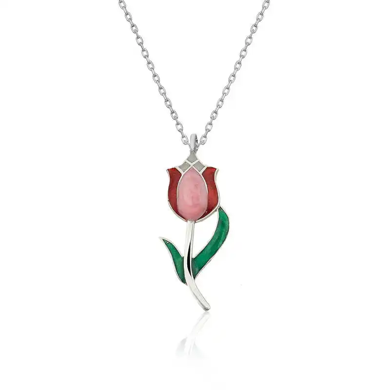 Silver Tulip Lady Necklace 925 Sterling Women Fine Jewelry Wedding Party Birthday Gift - Box - Jeweled - Pendant - Chain Choker - Female - Ladies - Fashion