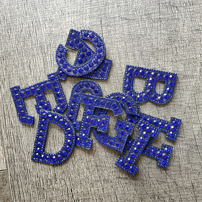 A-Z Blue Beaded Rhinestone Letter Patches For Clothing Iron on Clothes English Letter Applique 3d Sticker Stripes Badge Diy Logo