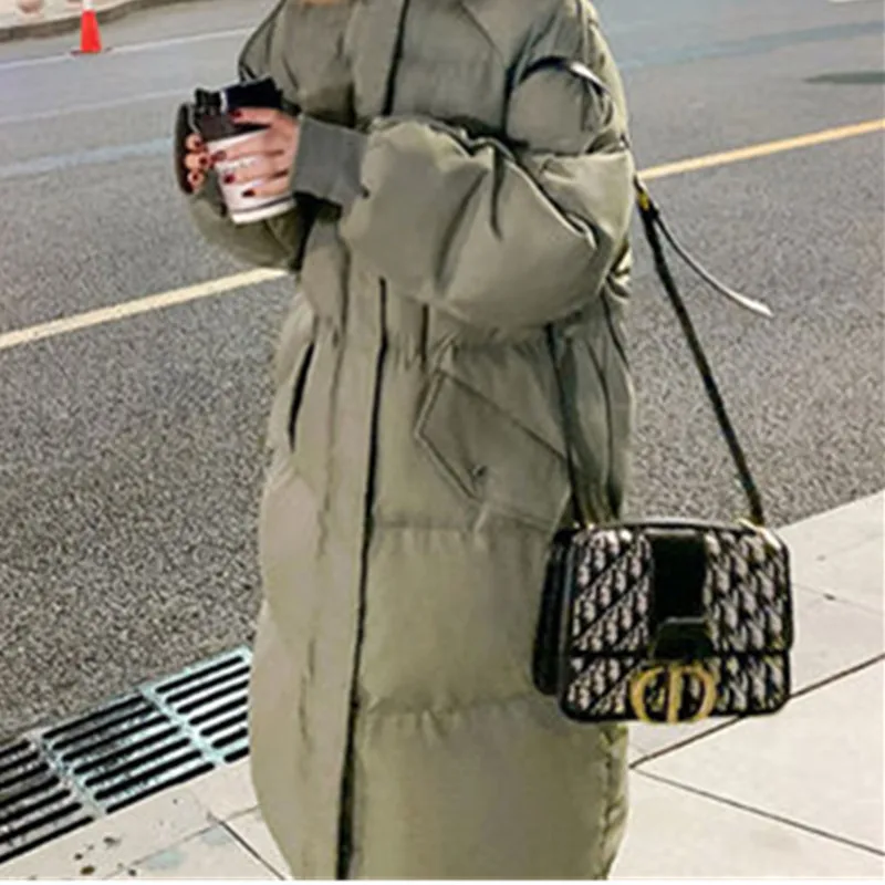 2023 Winter Women's Coat Down Jacket Thicken Long Hooded Padded  Coats Female Oversize Loose Wadded Warm Down Cotton Parka Green