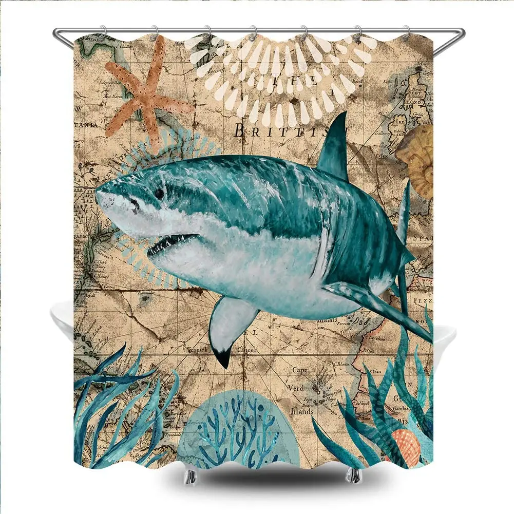 Sea Shark Nautical Ocean Fabric Shower Curtain