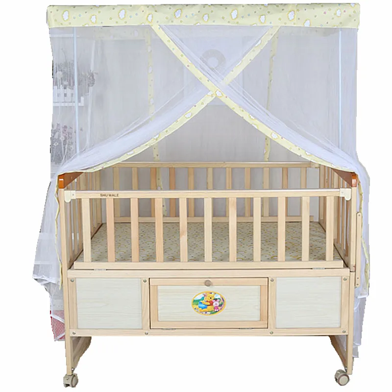 Wooden Twins Crib Can Combine with Adult Bed, All-In-One Cot for 2 Kids, Square Mosquito Net Inlcuded