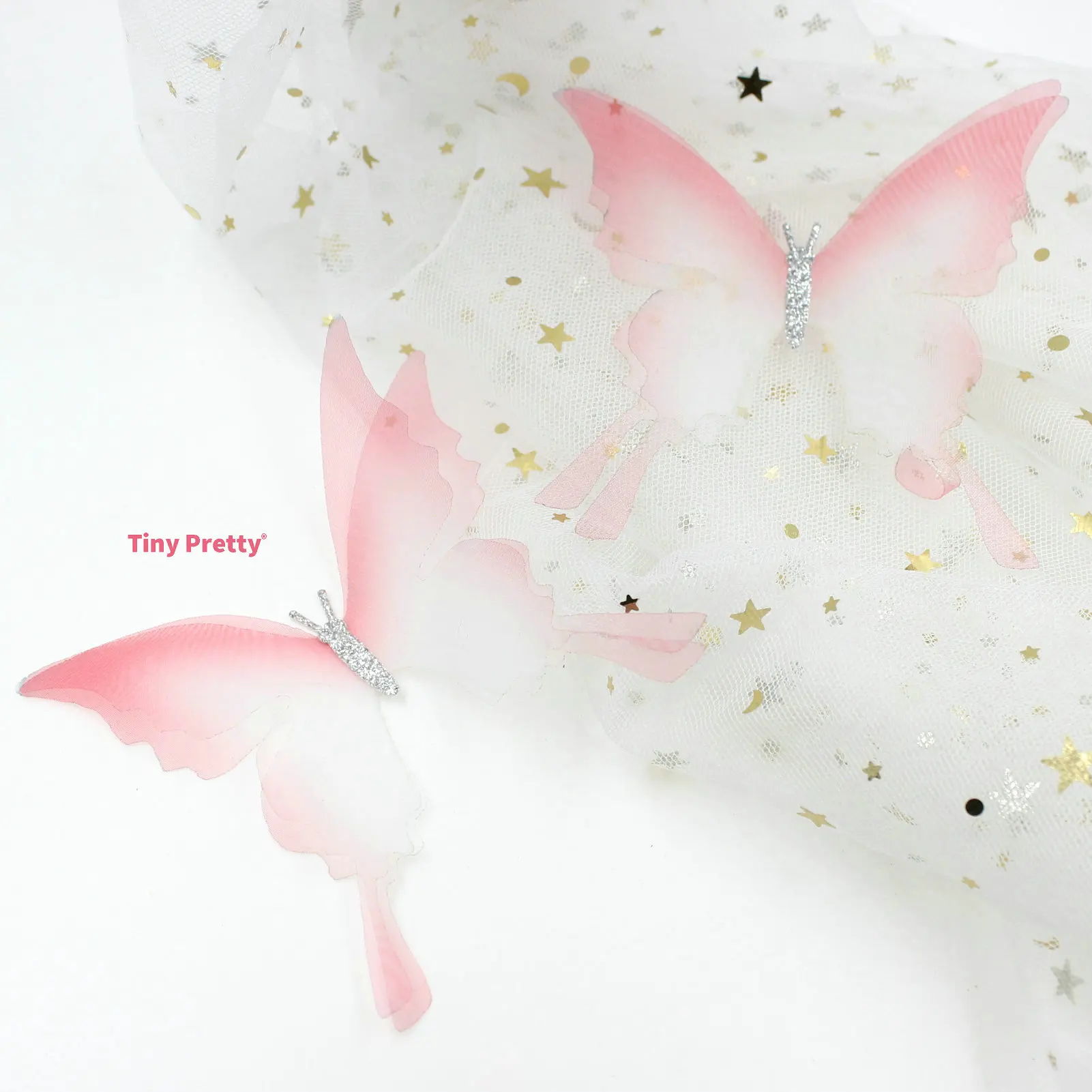 5PCS Gradient Pink Fabric Butterfly Appliques 10cm Organza Butterflies With Glitter Body for Wedding Party Decoration