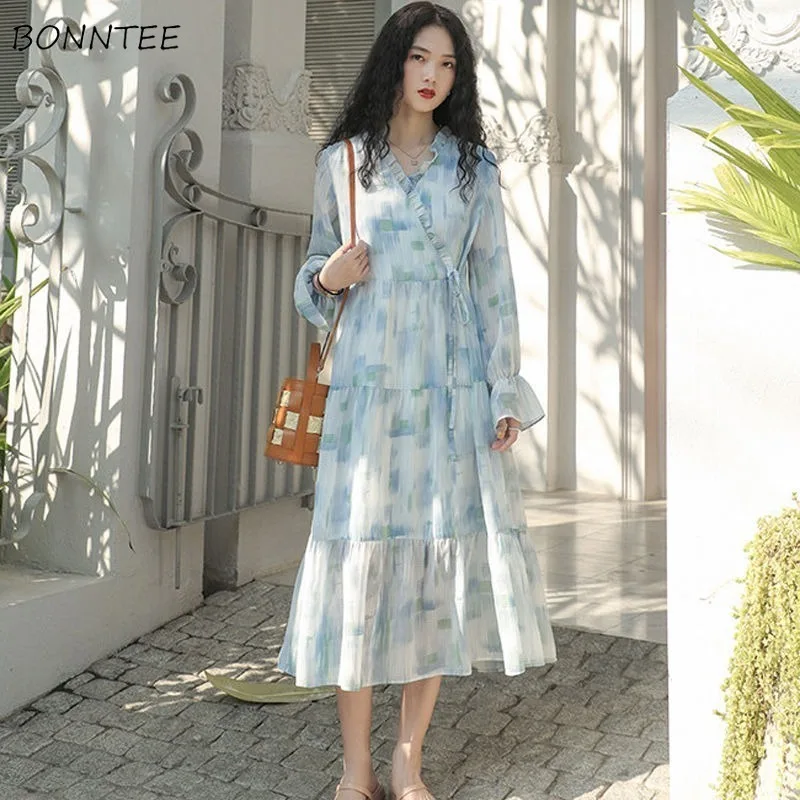 

Dresses Women Flare Sleeve Print Mujer Elegant Students Casual V-neck Loose Ruffles Female All-match Spring Streetwear Fashion