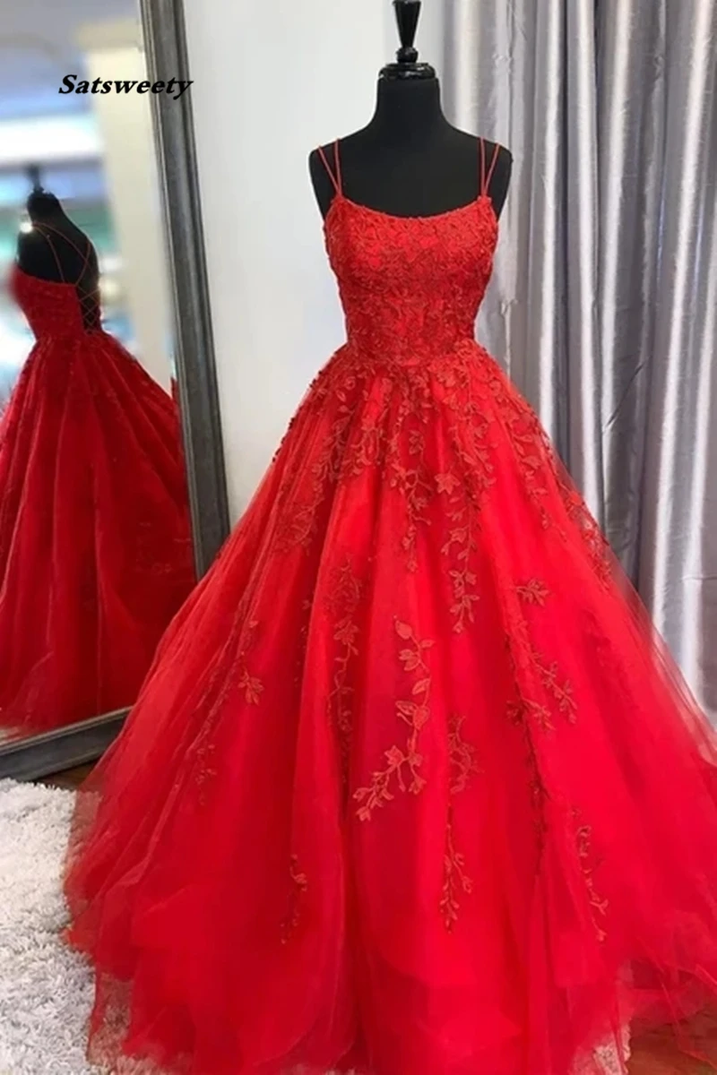 Uma linha de apliques Tule renda vestidos de baile, cintas princesa espaguete, rosa, vestidos novos, 2024