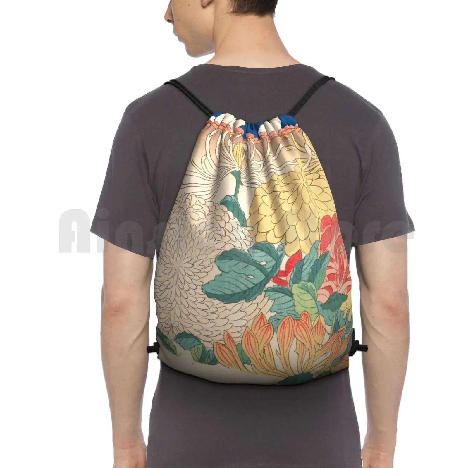 Chrysanthemum Design By Utagawa Hiroshige , 1840 Backpack Drawstring Bag Riding Climbing Gym Bag Chrysanthemum Utagawa