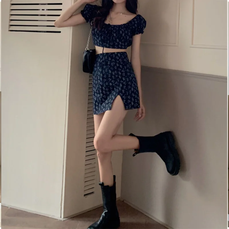 KPOP Dress Sweet Shorts Sets Broken Flower Skirts Exposed Navel Two Piece Set Women Split Skirt 2022 New Puff Sleeve 2 Piece Set