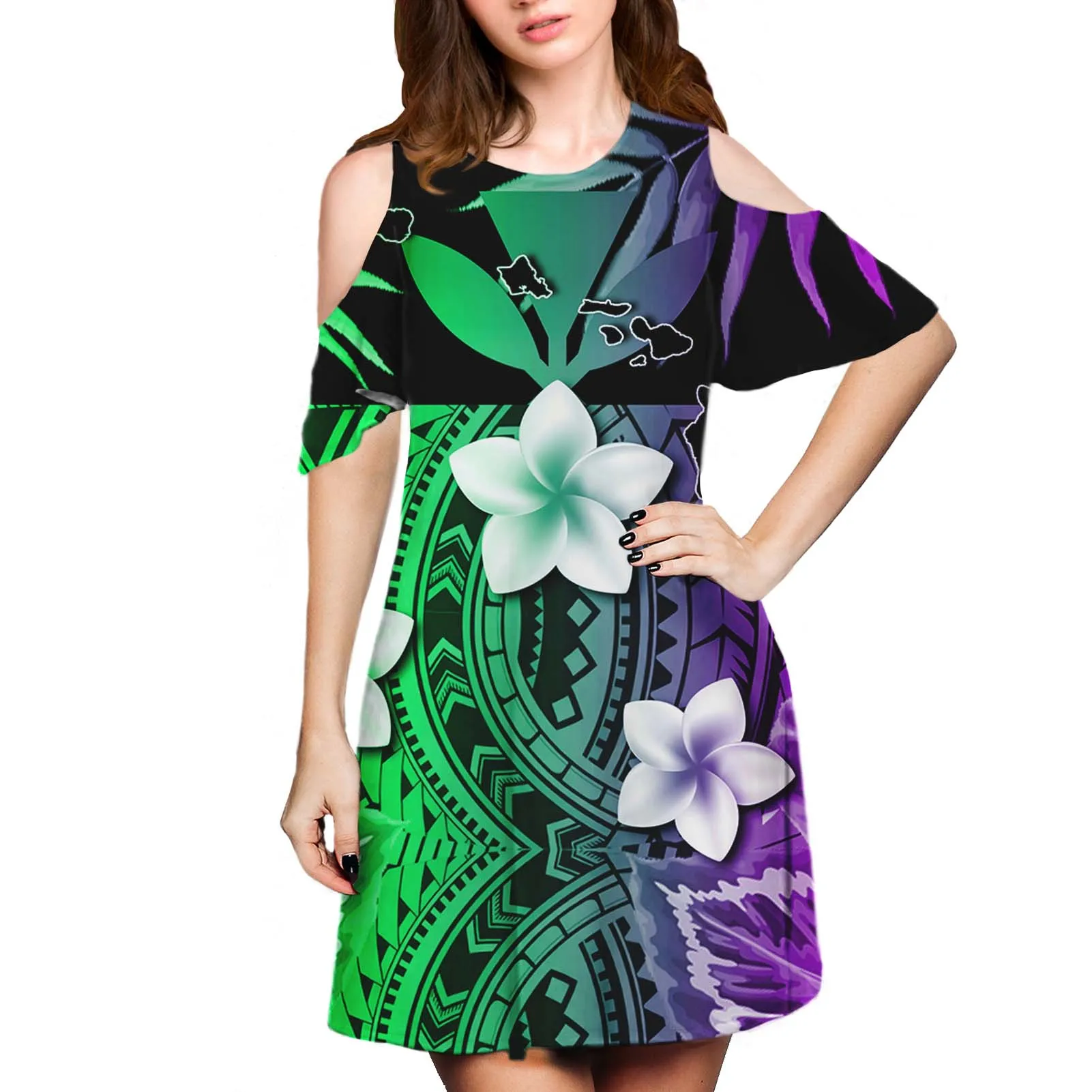 

Hycool Custom Logo Polynesian Tribal Design Gradient Dress Wholesale Charming Half Sleeve Dress Women Casual Beach Party Gowns