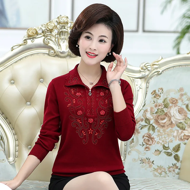 Middle-aged Women's Sweater Spring Autumn Long-sleeved Lapel Zipper Pullover Tops  4XL Lady Casual Knit Sweater W1714