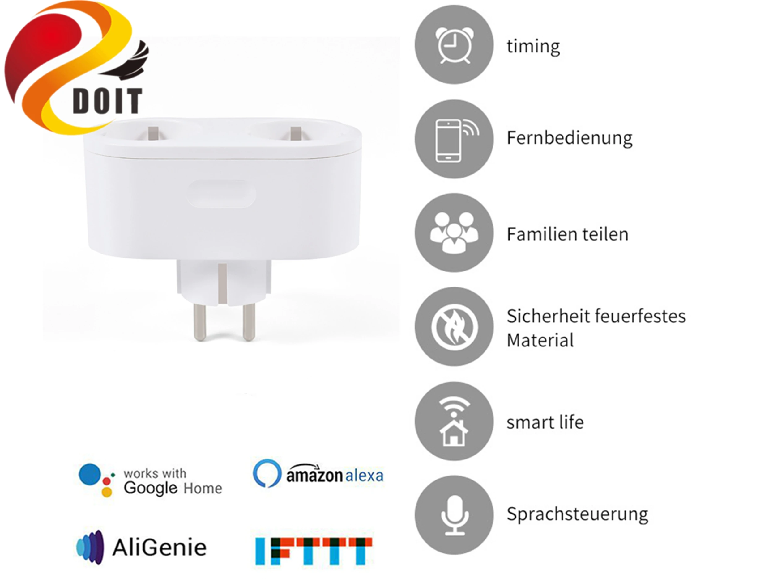 SZDOIT EU Wifi Socket Switch Smart Plug/Outlet APP Control Voice Remote Timing Works With Alexa, Google Home & IFTTT＆ Smart Life