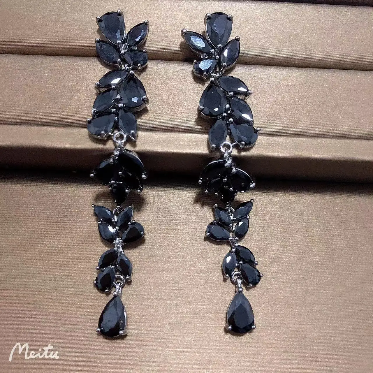 Bilincolor Fashion Trendy Cute Cubic Zirconia Branch Wedding Bridal Long Black Drop Earring for Women