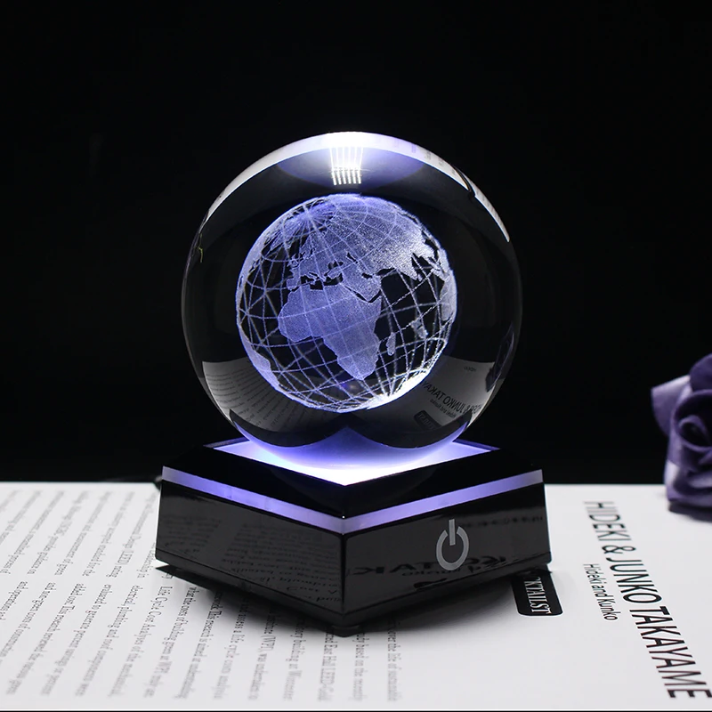 3D Laser Engraved Crystal Earth Miniature Model Globe Home Decoration Glass Ball Crystal Craft Gift LED Lamp Holder