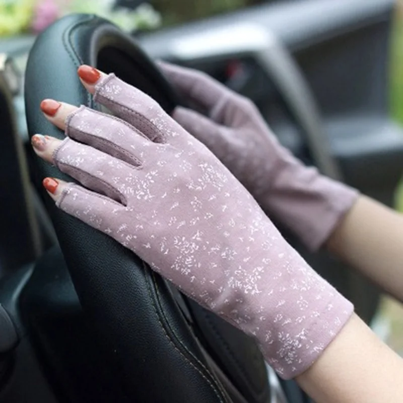 Female Summer Sunscreen Cotton Sun Driving Cycling Mittens Women Flowers Bit Half Finger Touch Screen Thin Typing Gloves J76