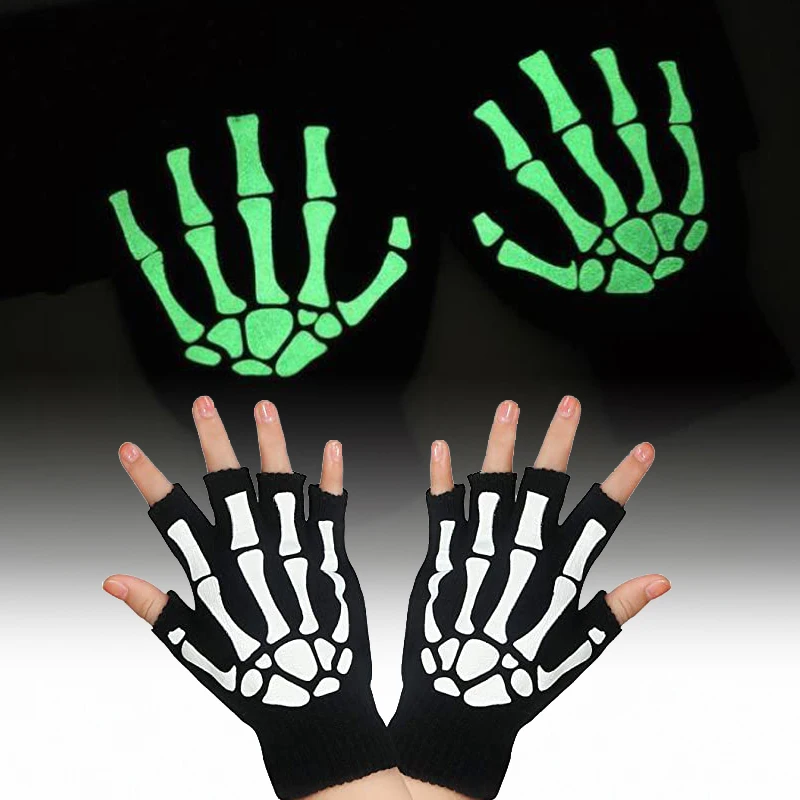 

Halloween Magic Glowing Skull Gloves Skeleton Frame Claw Glow In The Dark Skeleton Goth Half Gloves Women Men Winter Cycling