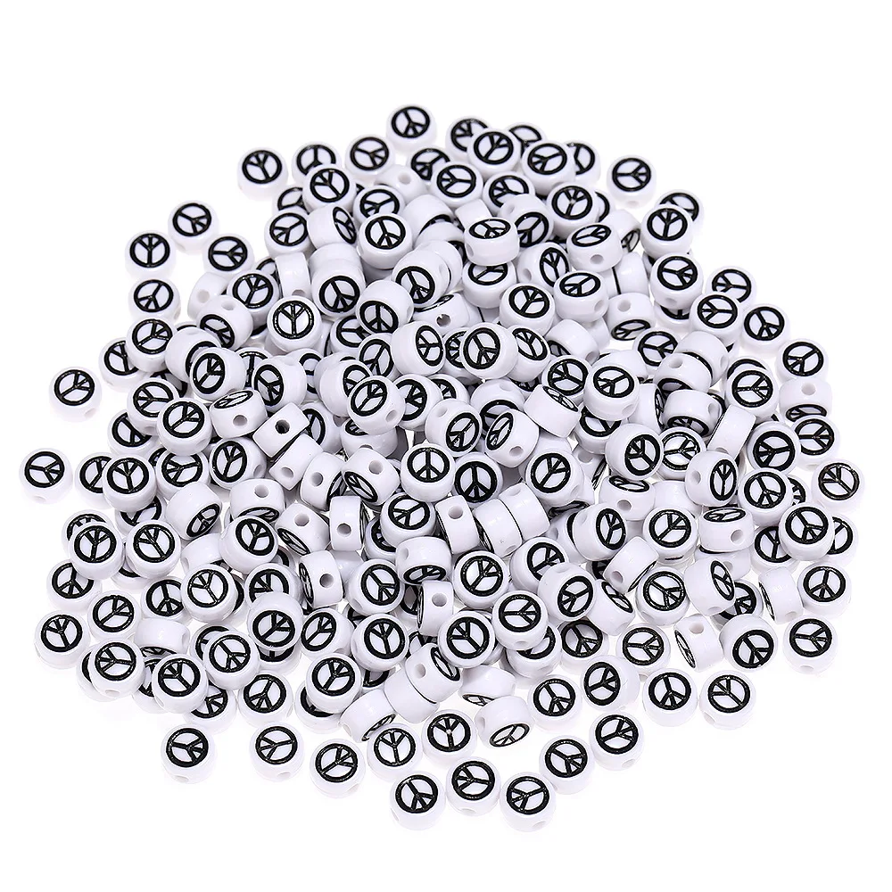 4*7mm Acrylic White Black Color Peace Sign Pattern Round Beads For Make Bracelet Necklace Jewelry Accessories