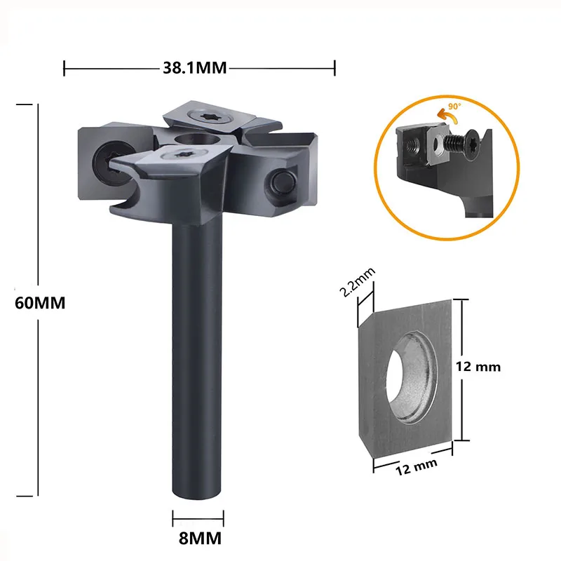 Dreanique 2-Flute Wood Planer Bit 38.1mm 45mm Cutting Diameter 8 12 mm Shank Spoilboard Surfacing Router Bit Insert Carbide Slab