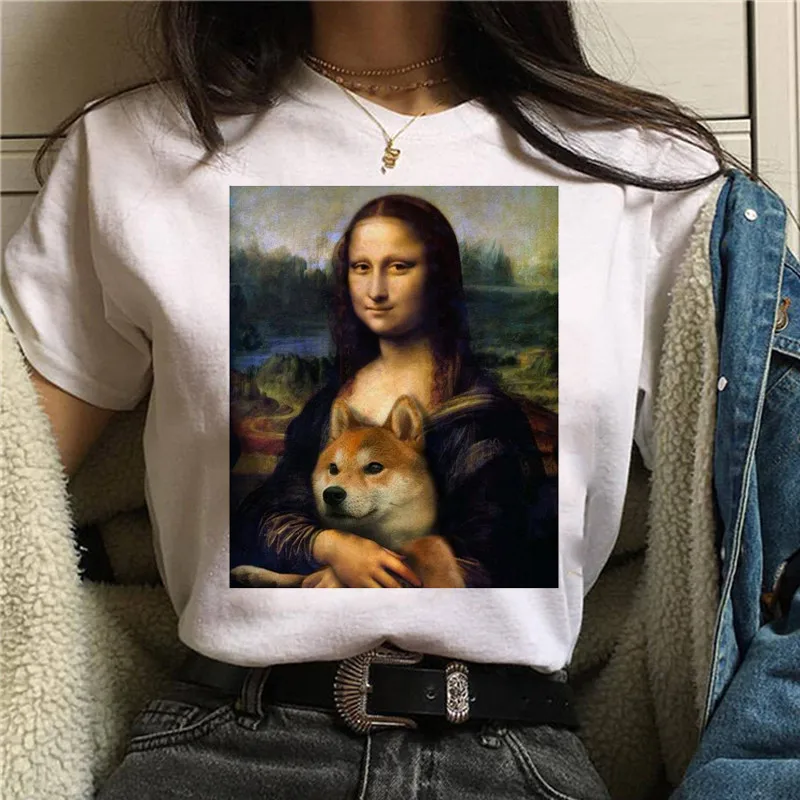 Mona Lisa Print Harajuku T Shirt Women Grunge Funny White tshirt Ullzang Vintage 90s Tshirt New Fashion Top Tees Female