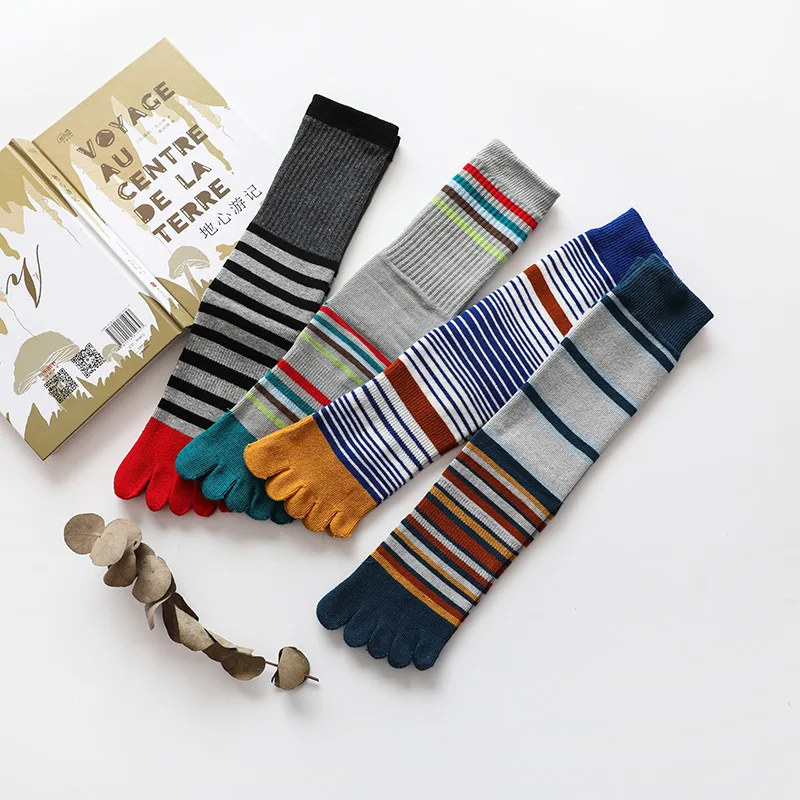 1 Pair Crew Men Five Toe Socks Striped Pure Cotton Stockings Absorb Sweat Split Toes Stripe Funny Man Finger Sports Yoga Sock