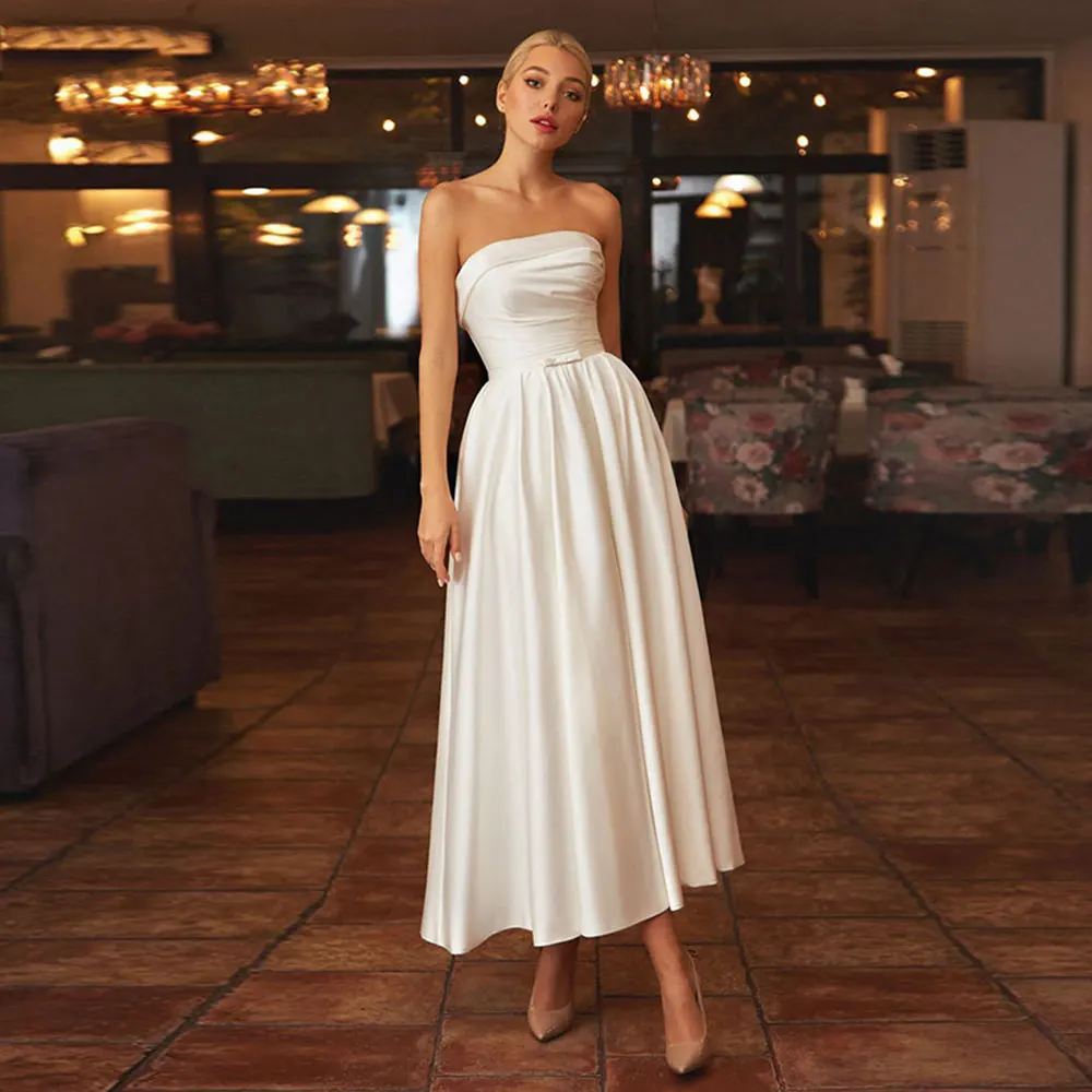 Vintage Satin Wedding Dresses With Pockets Strapless Ankle-Length Simple Bride Dress Lace-Up Back Vestidos Novia Robr De Mariee